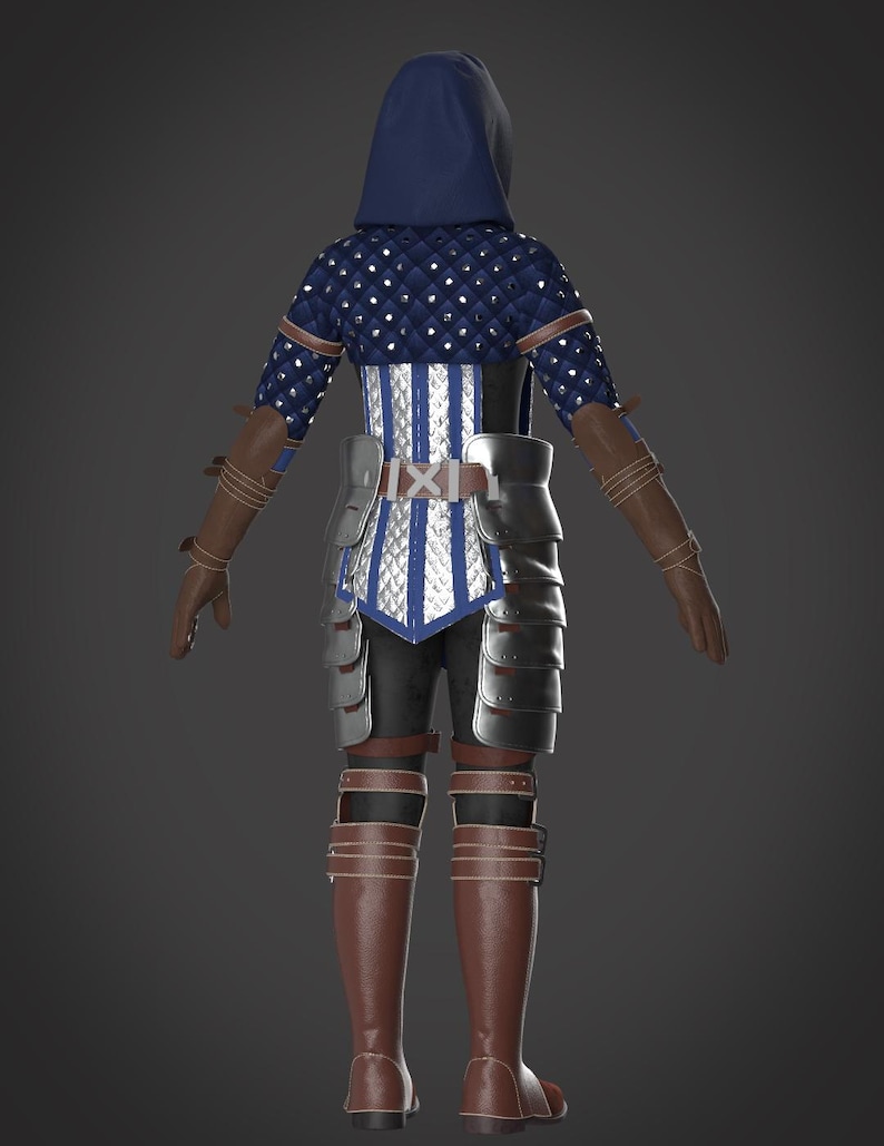 May include: A full-body shot of a medieval-style outfit. The ensemble features a navy blue quilted hood and shoulder armor with silver accents. A silver and blue corset-like top, black pants, brown leather gloves, and knee-high boots complete the look.