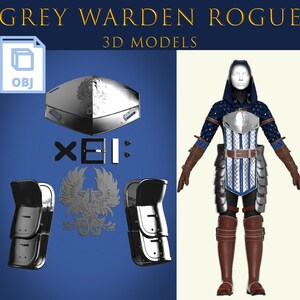 May include: A 3D model of Grey Warden Rogue armor. The image shows various components, including a chest plate, leg armor, and a full body suit. The armor is primarily silver and blue, with brown leather accents. The text "GREY WARDEN ROGUE" and "3D MODELS" is visible.