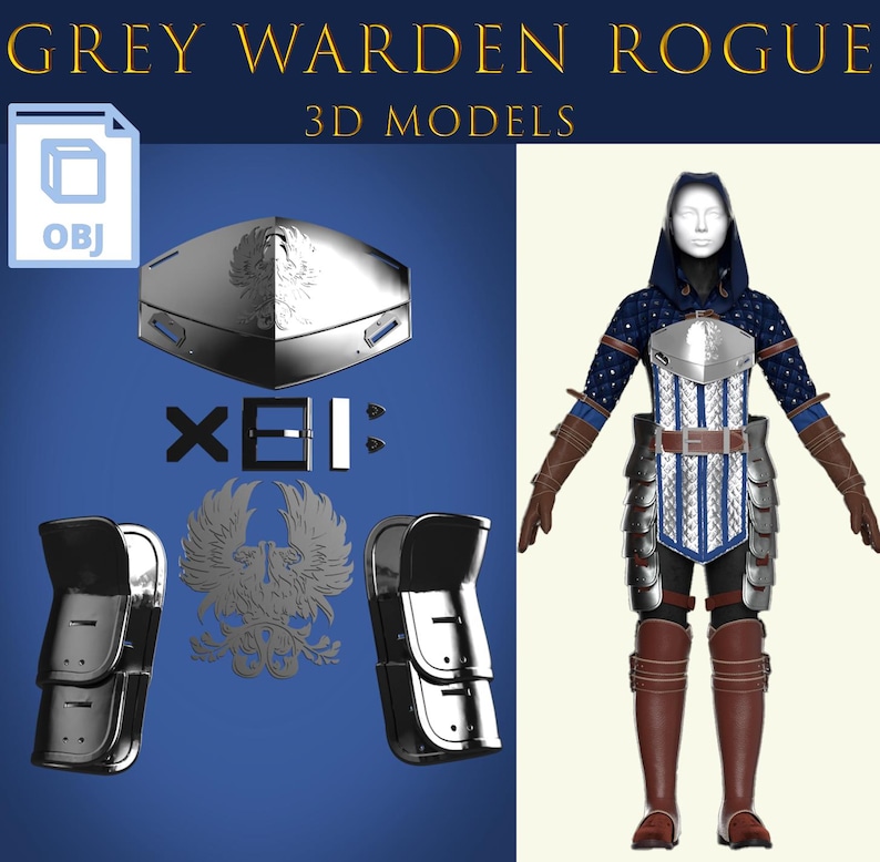 May include: A 3D model of Grey Warden Rogue armor. The image shows various components, including a chest plate, leg armor, and a full body suit. The armor is primarily silver and blue, with brown leather accents. The text "GREY WARDEN ROGUE" and "3D MODELS" is visible.