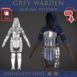 Könnte beinhalten: Ein digitales Schnittmuster für ein Grey Warden Kostüm. Das Bild zeigt ein 3D-Modell des Kostüms in Farbe und eine Strichzeichnung. Das Kostüm umfasst ein Kapuzenoberteil, eine Rüstung und Handschuhe. Der Text oben lautet "GREY WARDEN SEWING PATTERN".