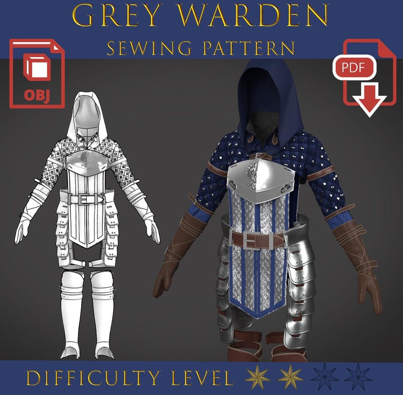 May include: A digital sewing pattern for a Grey Warden costume. The image shows a 3D model of the costume in color and a line drawing. The costume includes a hooded top, armor, and gloves. The text at the top says "GREY WARDEN SEWING PATTERN".