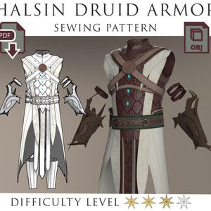 May include: A sewing pattern for Halsin Druid Armour from Baldur's Gate 3. The pattern includes a white tunic with brown leather accents, a brown leather belt, and brown leather bracers. The difficulty level is rated as four stars out of five.