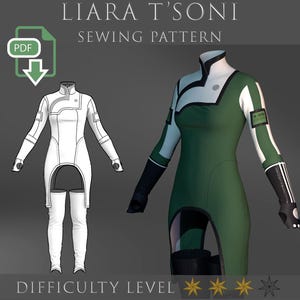 May include: A digital sewing pattern for a futuristic jumpsuit. The image shows a white line drawing and a green and white rendered version of the garment. The text reads "LIARA T'SONI SEWING PATTERN" and "DIFFICULTY LEVEL".