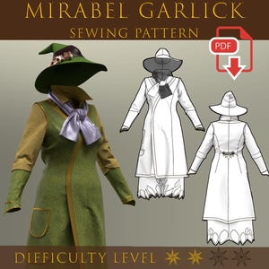 Op de afbeelding: Een naaipatroon getiteld "Mirabel Garlick" met een moeilijkheidsgraad van drie sterren. De afbeelding toont een groene en gouden jas, een hoed en een sjaal. Er worden ook twee lijntekeningen van de jas getoond. Een PDF-pictogram staat in de rechterbovenhoek.