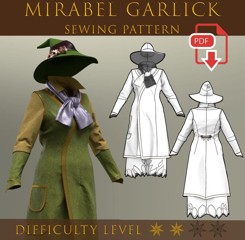May include: A sewing pattern labelled "Mirabel Garlick" with a difficulty level of three stars. The image shows a green and gold coat, a hat, and a scarf. Two line drawings of the coat are also shown. A PDF icon is in the upper right corner.