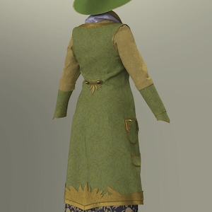 May include: A green witch costume with a matching hat. The costume features a long, patterned dress with gold trim and accents, and a gold-trimmed pocket. The sleeves are tan, and the hat has a dark brown band.
