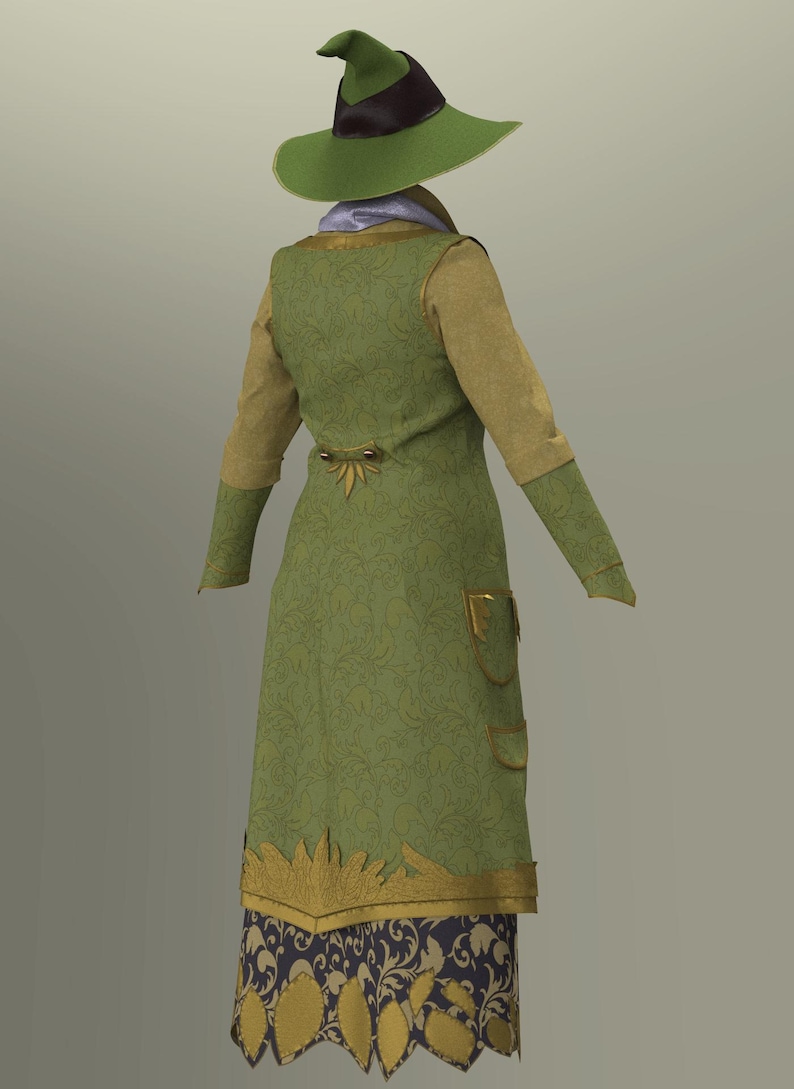 May include: A green witch costume with a matching hat. The costume features a long, patterned dress with gold trim and accents, and a gold-trimmed pocket. The sleeves are tan, and the hat has a dark brown band.