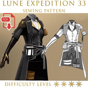 Può includere: Un modello di cucito digitale per un outfit futuristico, con una giacca nera e oro con collo alto e una gonna abbinata. Il modello include un'icona di download PDF e il testo "LUNE EXPEDITION 33 SEWING PATTERN". Il livello di difficoltà è indicato da cinque stelle d'oro.