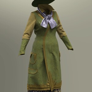 May include: A green witch costume featuring a long coat with gold trim, pockets, and a floral pattern. The outfit includes a matching green hat with a brown band and a silver scarf. The bottom of the coat has a patterned skirt.