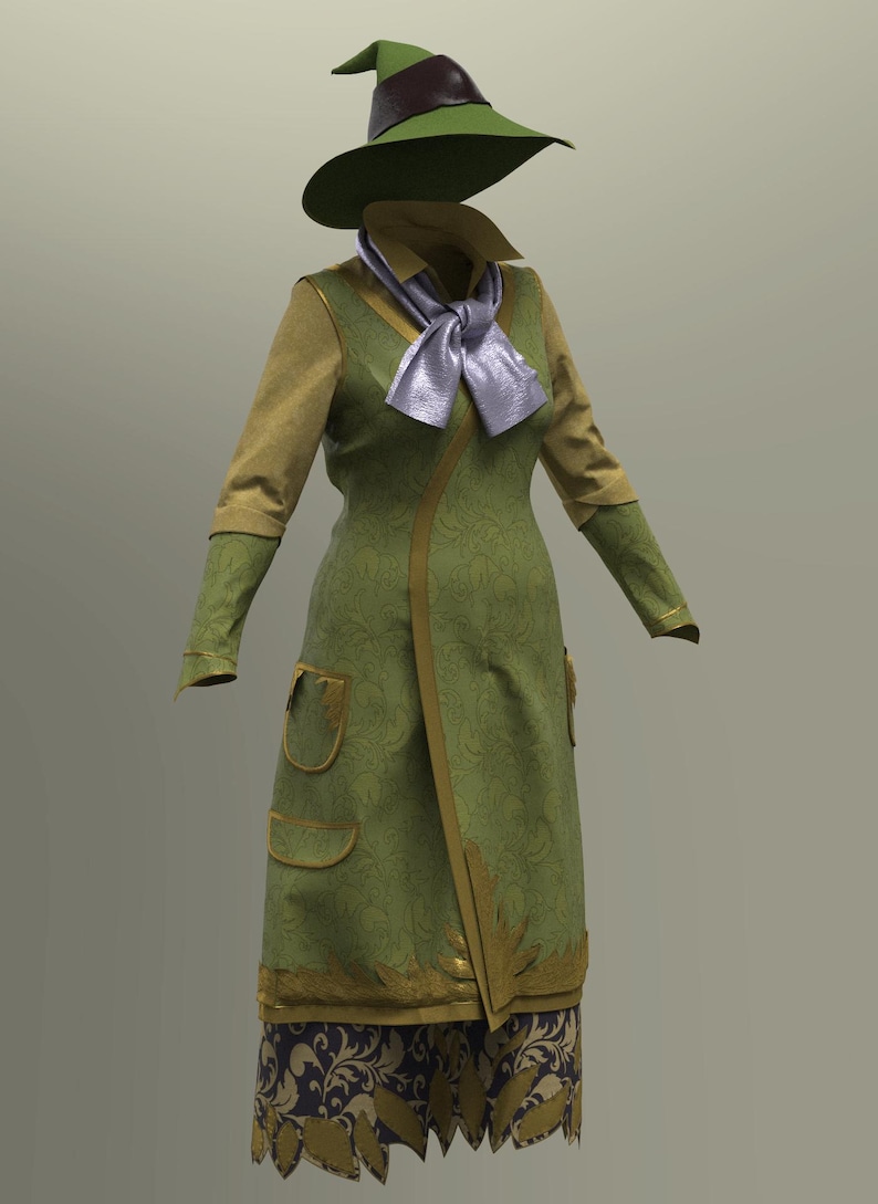 May include: A green witch costume featuring a long coat with gold trim, pockets, and a floral pattern. The outfit includes a matching green hat with a brown band and a silver scarf. The bottom of the coat has a patterned skirt.