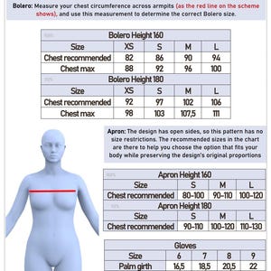 May include: A detailed sizing chart for a sewing pattern, including measurements for boleros, aprons, and gloves. The chart provides chest measurements in centimeters for various sizes, with a diagram illustrating where to measure the chest.
