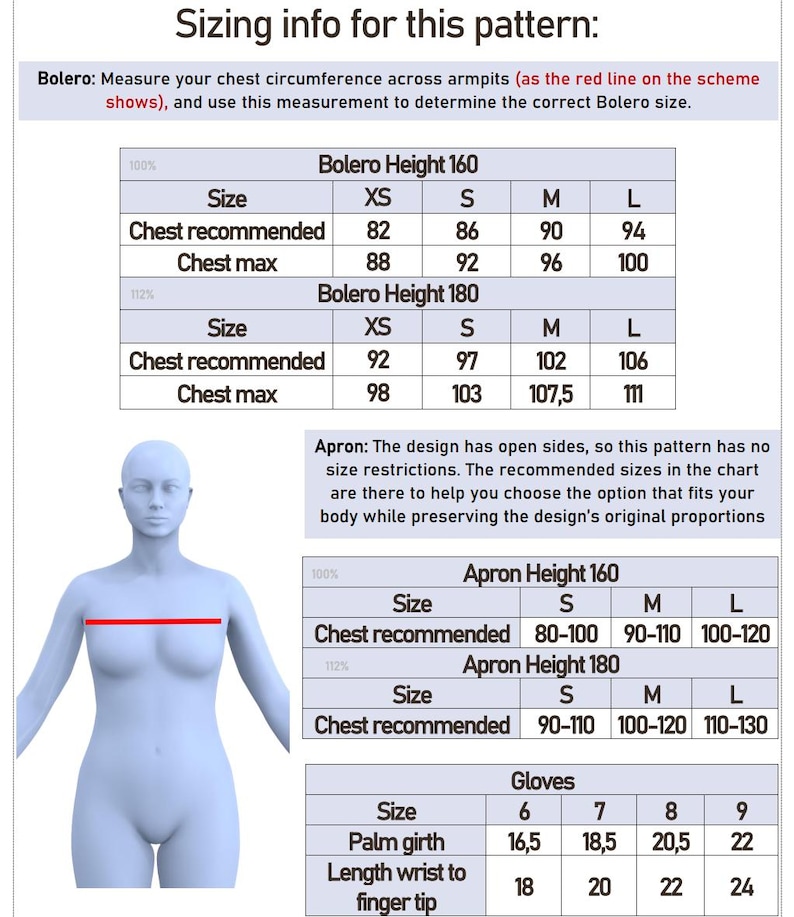 May include: A detailed sizing chart for a sewing pattern, including measurements for boleros, aprons, and gloves. The chart provides chest measurements in centimeters for various sizes, with a diagram illustrating where to measure the chest.