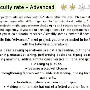 May include: A white document titled "Difficulty rate - Advanced" with a 3-star rating. The text details the difficulty of cosplay sewing projects, including skills like pattern reading, fabric cutting, and adding zippers. Measurements are in cm.