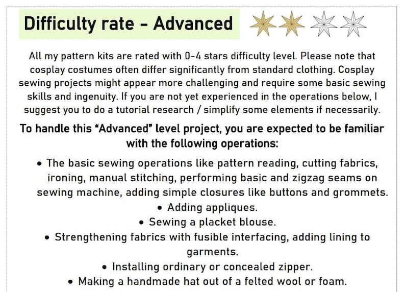 May include: A white document titled "Difficulty rate - Advanced" with a 3-star rating. The text details the difficulty of cosplay sewing projects, including skills like pattern reading, fabric cutting, and adding zippers. Measurements are in cm.
