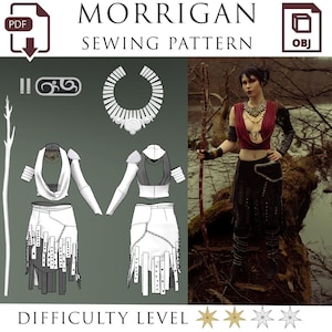 May include: A sewing pattern for a Morrigan costume from the Dragon Age video game series. The pattern includes a white top, skirt, and a necklace. The difficulty level is rated with three stars.