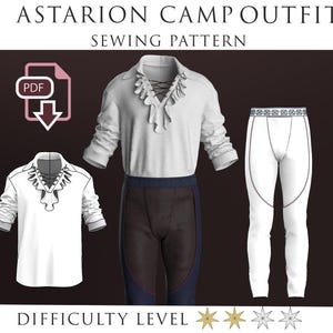 Puede incluir: Un patrón de costura para una camisa blanca con cuello fruncido y un pantalón blanco. El patrón está etiquetado como "Astarion Camp Outfit Sewing Pattern" y tiene un nivel de dificultad de cuatro estrellas.