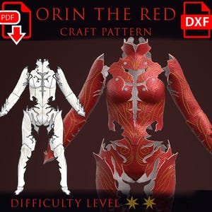 Può includere: Modello di artigianato digitale intitolato "Orin the Red" con un design rosso e oro. L'immagine mostra un modello 3D di un'armatura in rosso con dettagli dorati e una versione bianca e argento. Il livello di difficoltà è indicato da tre stelle.