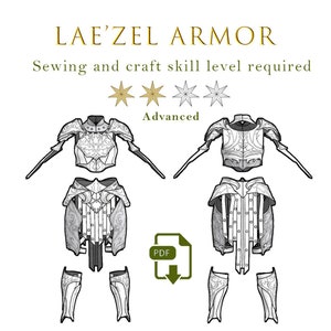 May include: A printable PDF pattern for a Lae'zel armor costume. The pattern requires advanced sewing and crafting skills. The image shows a front and back view of the armor, including the chest piece, skirt, and leg pieces.