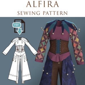 Puede incluir: Un patrón de costura digital para un disfraz de bufón. El patrón está disponible para descargar en PDF. La imagen muestra un disfraz de bufón blanco con un gorro de bufón morado y azul y un disfraz de bufón marrón y azul con una parte superior morada y pantalones marrones.