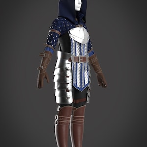 May include: A full-body medieval-style outfit. The ensemble includes a navy blue hooded cloak, a silver chest plate, and matching silver armor on the waist and legs. Brown leather gloves and boots complete the look. The outfit has a blue and silver striped design.