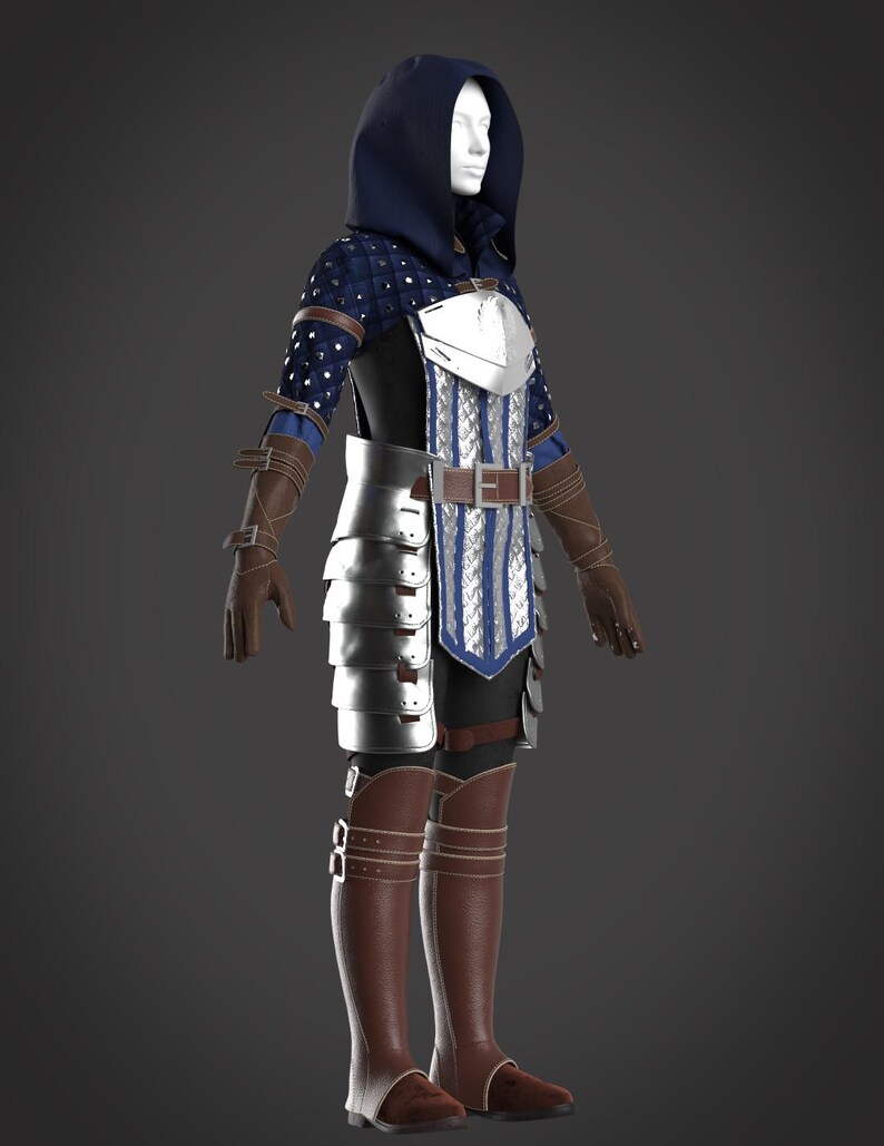 May include: A full-body medieval-style outfit. The ensemble includes a navy blue hooded cloak, a silver chest plate, and matching silver armor on the waist and legs. Brown leather gloves and boots complete the look. The outfit has a blue and silver striped design.