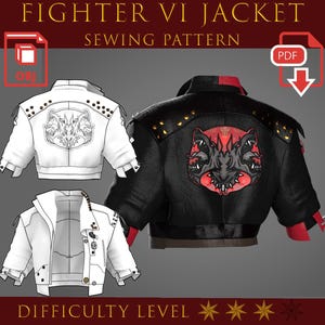May include: A digital sewing pattern for a Fighter VI jacket. The image shows a black and white jacket with a detailed illustration on the back. The text at the top reads "FIGHTER VI JACKET" and "SEWING PATTERN". The difficulty level is indicated by four stars.