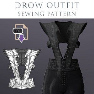 Op de afbeelding: Een naaipatroon voor een Drow-outfit. Het patroon bevat een gedetailleerde illustratie van de outfit, die een zwarte bustier met een V-hals en een gesnorte rug bevat, en een bijpassende broek. Het patroon is beschikbaar als PDF-download.