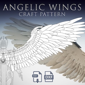 May include: An image of a craft pattern for angelic wings. The text "ANGELIC WINGS CRAFT PATTERN" is displayed at the top. The wings are white and gray, with a detailed outline. PDF and DXF file icons are shown at the bottom.
