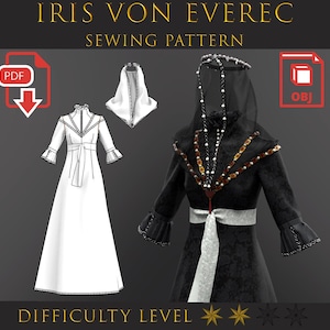 Puede incluir: Patrón de costura digital para un vestido blanco y negro con velo. La imagen muestra un diseño de vestido blanco, un diseño de vestido negro y un diseño de velo blanco. El texto dice "IRIS VON EVEREC SEWING PATTERN" y "DIFFICULTY LEVEL".