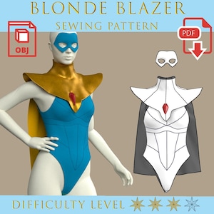 Puede incluir: Un patrón de costura digital para un disfraz de superhéroe. La imagen muestra un maniquí con un body azul con detalles dorados, una máscara y una capa. El texto dice "BLONDE BLAZER SEWING PATTERN" y "DIFFICULTY LEVEL".