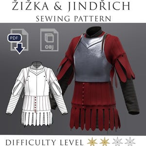 Könnte beinhalten: Ein Schnittmuster für ein mittelalterliches Kleidungsstück, mit einem rot-schwarzen Wams und einer silbernen Brustplatte. Das Bild enthält eine Strichzeichnung des Kleidungsstücks und den Text "ŽIŽKA & JINDŘICH SEWING PATTERN". Der Schwierigkeitsgrad wird durch Sterne angezeigt.
