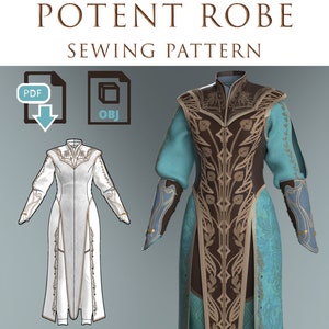 Peut inclure: Patron de couture pour une robe avec un motif brun et or sur fond turquoise. Le patron est disponible aux formats PDF et OBJ. L'image montre également un dessin au trait de la robe.