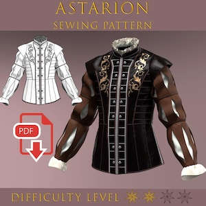 Puede incluir: Imagen de un patrón de costura Astarion. La imagen presenta un jubón negro y marrón con bordados dorados, un cuello con volantes blanco y mangas a juego. También se muestra un dibujo lineal del jubón. Se incluye el texto "Difficulty Level" y un icono PDF.