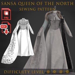 May include: A sewing pattern for a Sansa Queen of the North costume. The image shows a detailed illustration of the dress, featuring a long white gown with intricate detailing, long sleeves, and a fur-trimmed cape. The difficulty level is indicated by five stars.