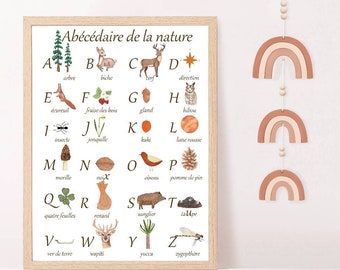 Affiche enfant abécédaire de la nature, abécédaire de la forêt, abécédaire animaux, alphabet nature et animaux