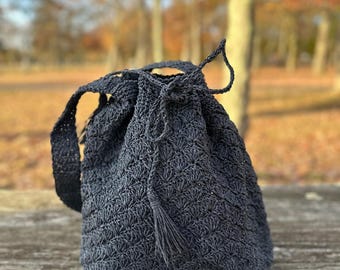 Handmade Black Crochet Bucket Bag - Boho Macrame Crossbody Purse - Cotton Yarn Shoulder Bag with Tassel