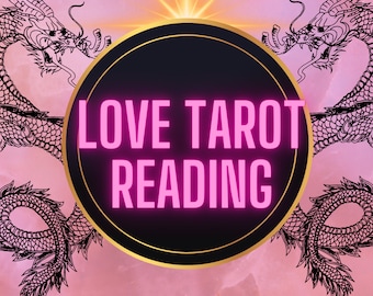 May include: A pink background with two black dragons on either side of a gold circle with the text "LOVE TAROT READING" in pink neon letters.