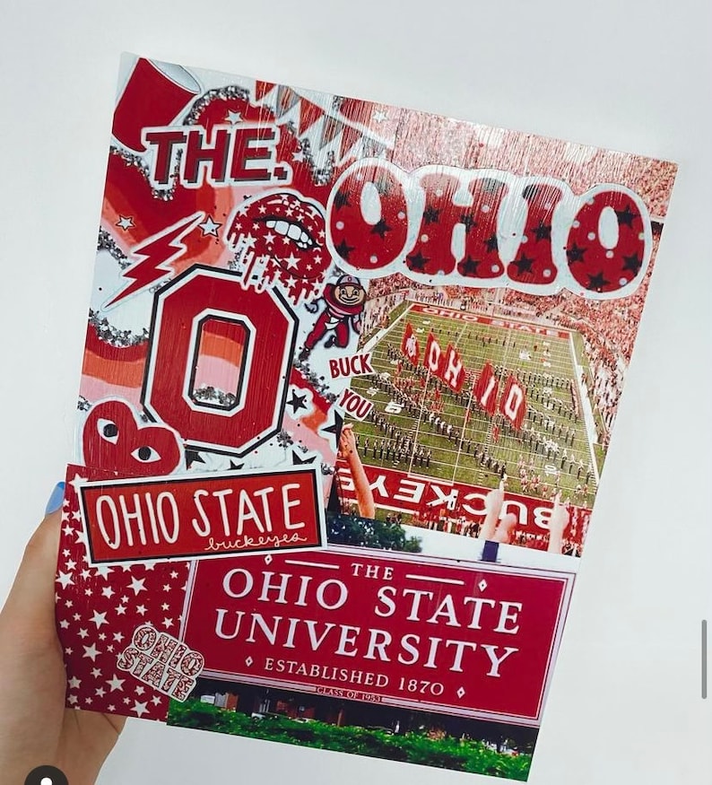 May include: A red and white collage featuring the Ohio State University logo, the words "The Ohio State University", and the text "Established 1870".