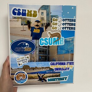 May include: A collage of images and stickers celebrating California State University Monterey Bay. The collage features the school mascot, an otter, and the school's name and logo. The collage also includes the words "Go Otters" and "Monterey Bay".