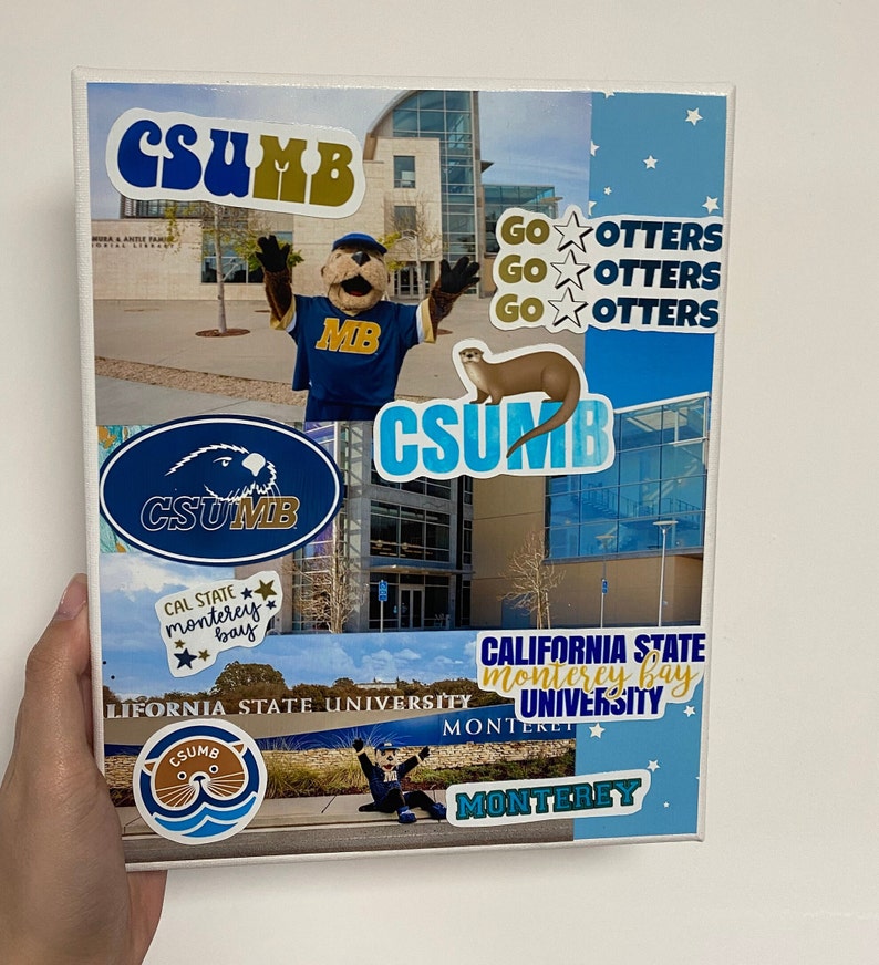 May include: A collage of images and stickers celebrating California State University Monterey Bay. The collage features the school mascot, an otter, and the school's name and logo. The collage also includes the words "Go Otters" and "Monterey Bay".