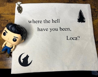 Where the hell have you been, loca? Twilight Inspired canvas bag w/ howling wolf, Forks Tree and bronze wolf zipper, Canvas cosmetic pouch