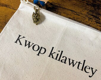 Kwop Kilawtley (stay with me forever)in Quileute, Canvas pouch w/ brass Wolf Pendant, Canvas cosmetic bag, twilight inspired Jacob and Bella
