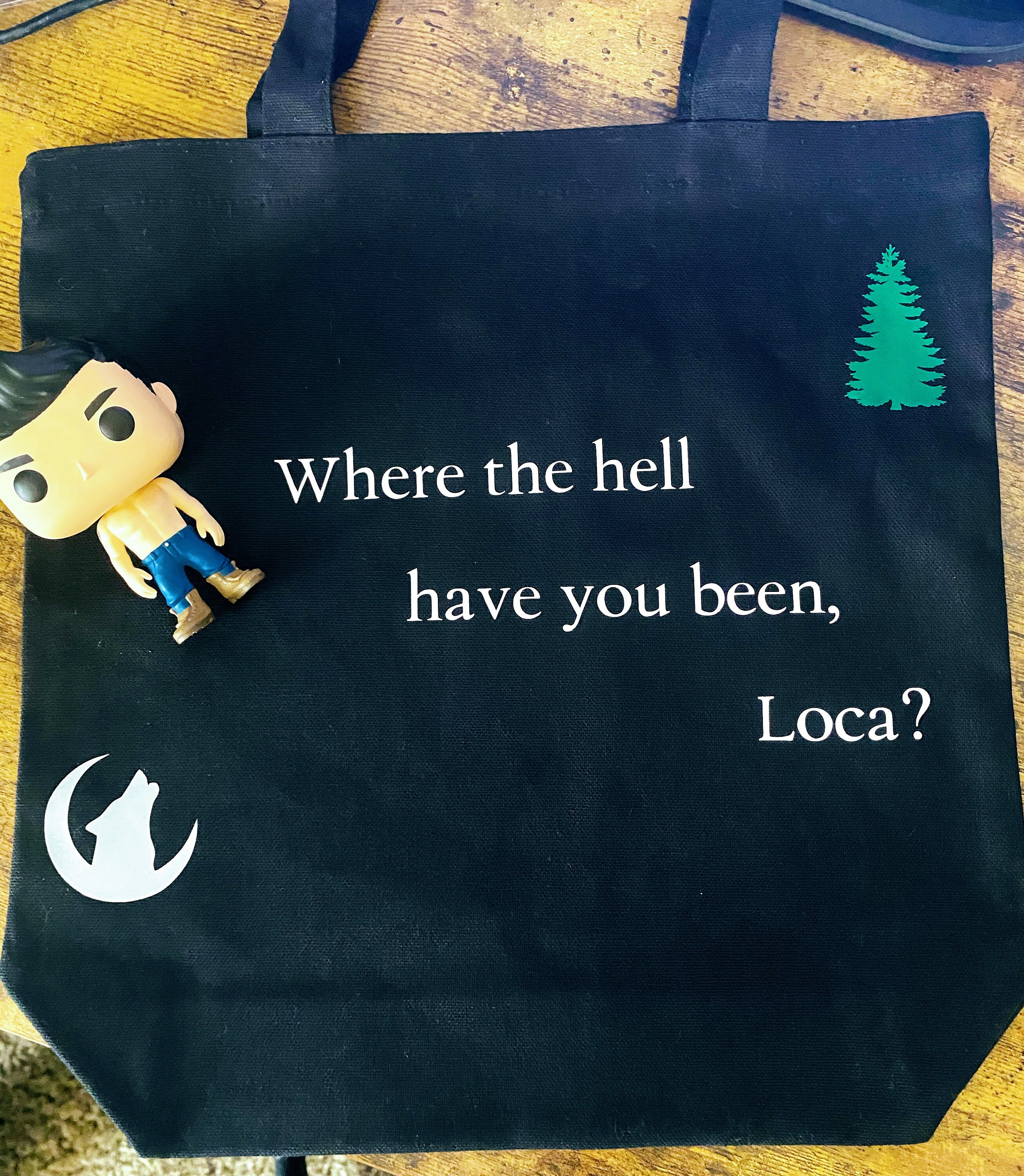 Where the hell have you been, loca? Twilight Inspired canvas tote w/ gray howling wolf, green Forks Tree