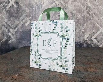 Bolsos de boda de bienvenida con vegetación, hojas de eucalipto verde y diseño personalizado. Bolsas de hotel. Más diseños disponibles. Puede ser con tu huella.