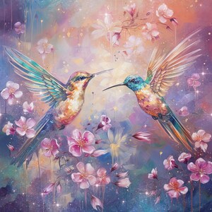 Könnte beinhalten: Zwei farbenfrohe Kolibris mit schillernden Federn fliegen zwischen rosa und weißen Blumen vor einem pastellfarbenen Hintergrund mit glitzerndem Glitzer.