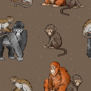 Könnte beinhalten: Ein nahtloses Muster mit verschiedenen Affen in verschiedenen Posen auf braunem Hintergrund. Die Affen sind im Cartoon-Stil mit aquarellartigen Texturen gezeichnet. Es gibt braune, schwarze und orangefarbene Affen.