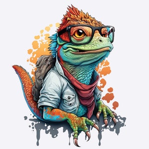 Könnte beinhalten: Eine bunte Cartoon-Illustration eines Leguan, der ein weißes Hemd, ein rotes Bandana und eine Sonnenbrille trägt. Der Leguan trägt einen braunen Rucksack und hat einen leuchtend orangefarbenen, blauen und grünen Körper.