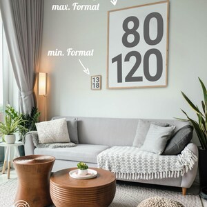 May include: A living room with a gray sofa, two wooden coffee tables, a gray knitted pouf, and a framed print with the numbers 80 and 120 on a white wall. A small framed print with the numbers 13 and 18 is on the wall to the left of the larger print.