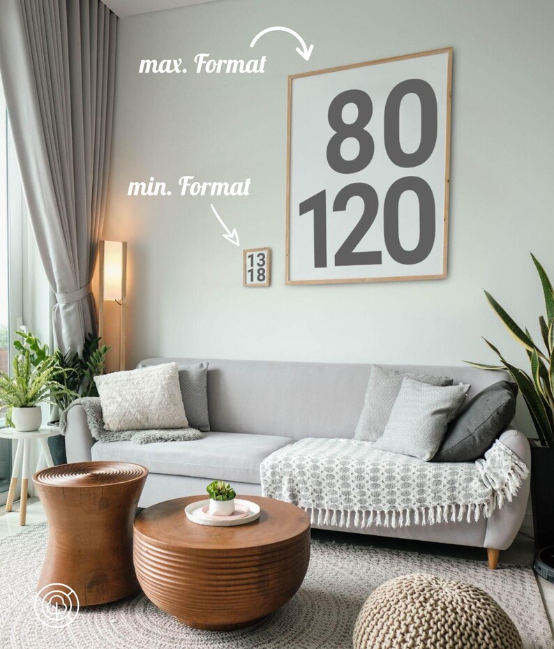 May include: A living room with a gray sofa, two wooden coffee tables, a gray knitted pouf, and a framed print with the numbers 80 and 120 on a white wall. A small framed print with the numbers 13 and 18 is on the wall to the left of the larger print.