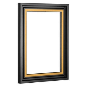 May include: A black picture frame with a gold inner border. The frame is rectangular and has a simple design.
